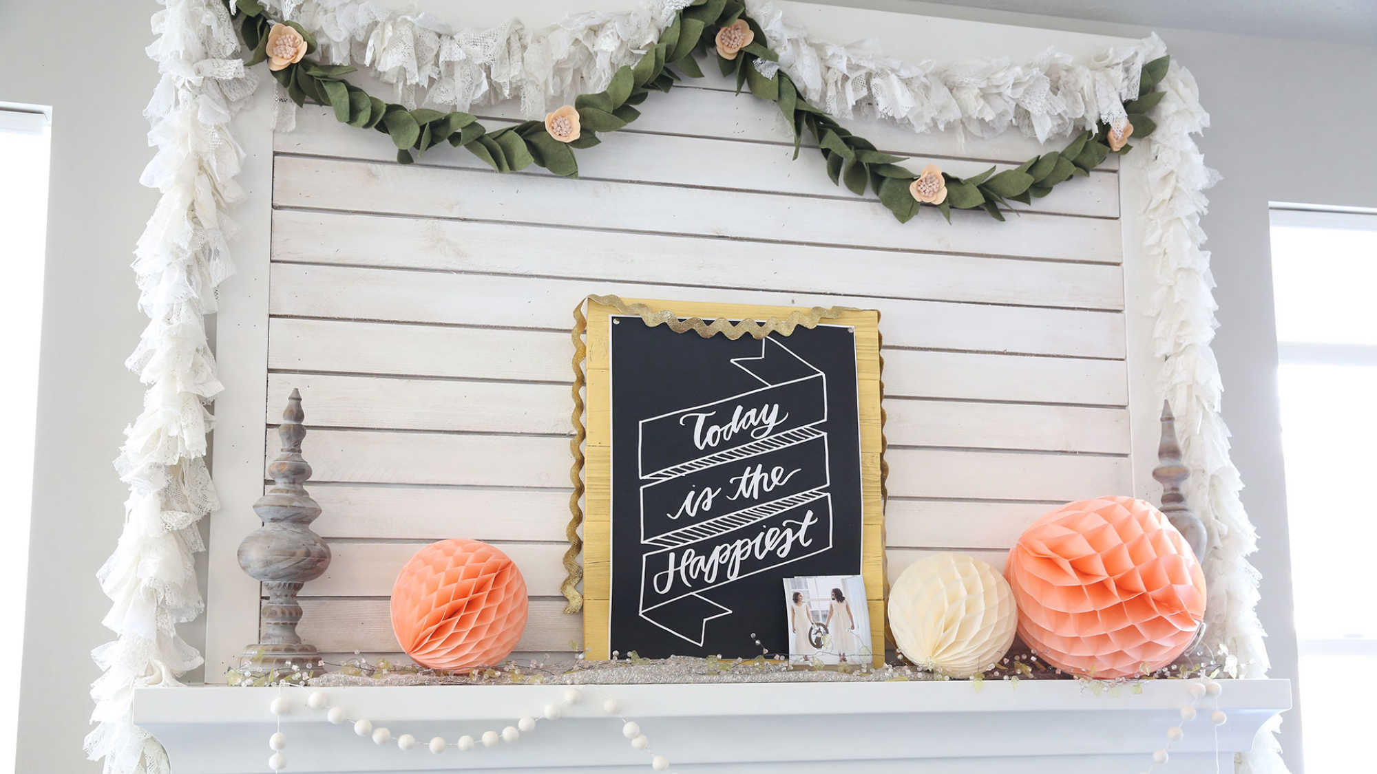 A homemade lace garland used in home decor.