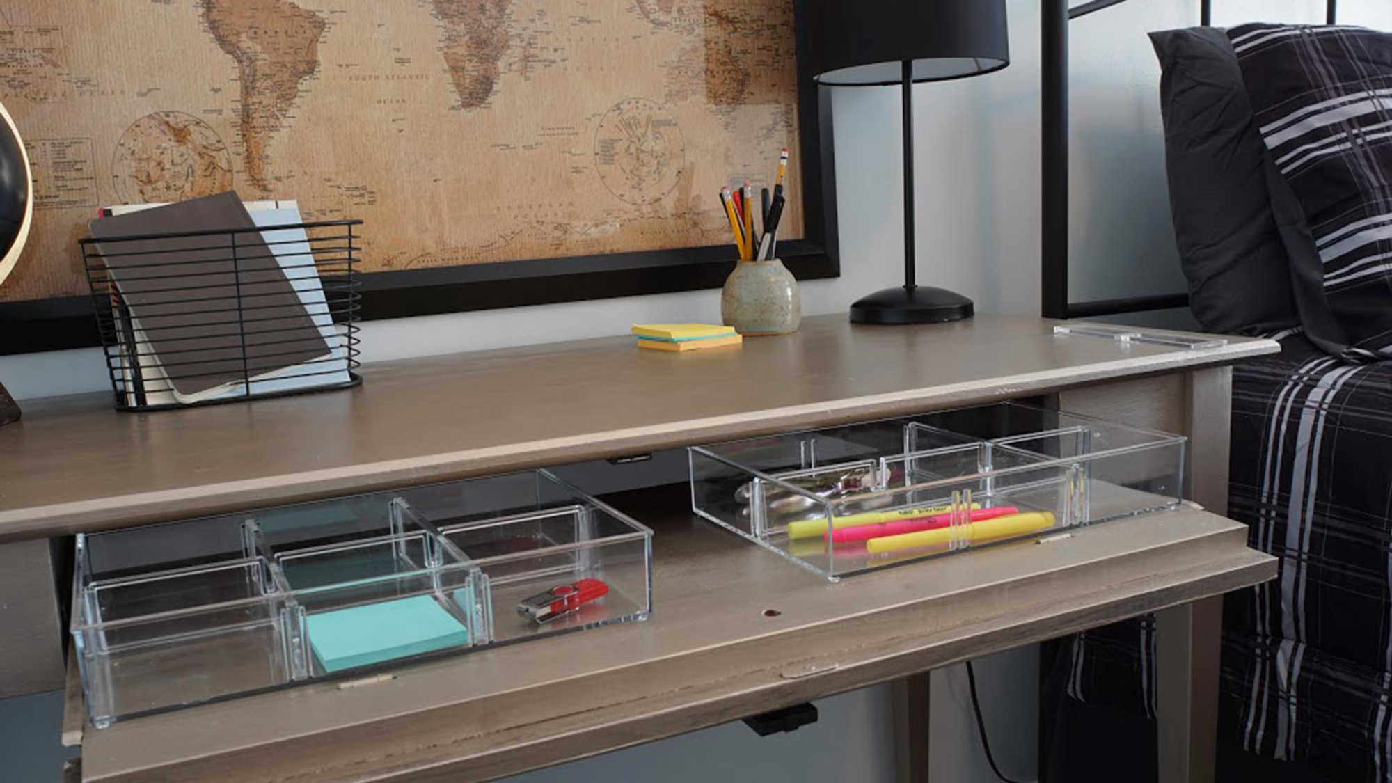 Finished metallic desk with DIY trays